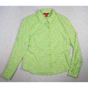 A LINE PETITE - WOMEN'S LIME GREEN FLORAL PRINT LONG SLEEVE BUTTON-UP TOP - 10P